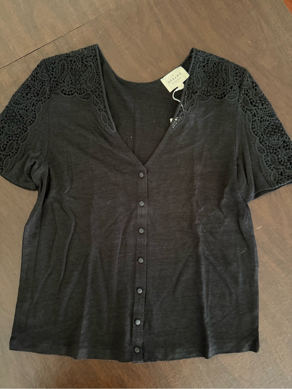 Sezane Lana Black Button-Front Top with Lace Shoulders